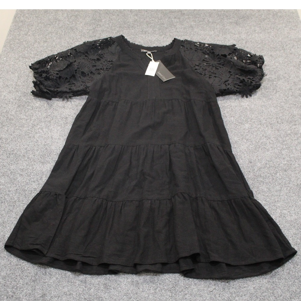 Laurel Grey Black Lace Sleeve Tiered Dress‎ Size L